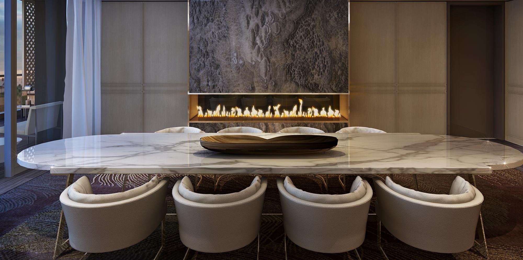 Long marble dining table inside 明托约克维尔公园, Toronto